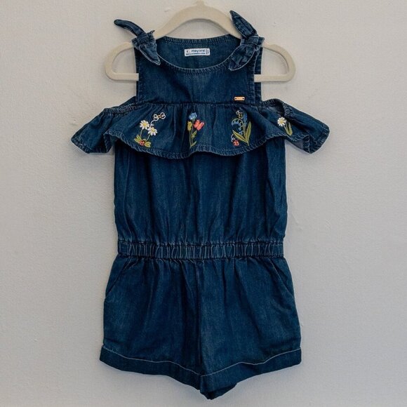 Mayoral Embroidered Denim Romper | Girls Size 4 (104 cm) | Floral Ruffle One-Pie - Picture 1 of 4